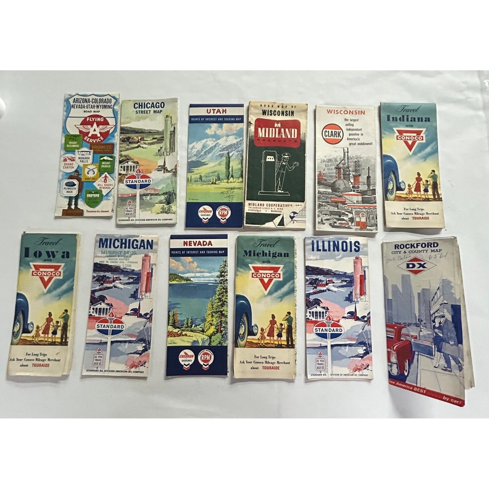 Vintage Gas Station Road Maps Lot of 12 OS Multi Color Mid Century Americana
